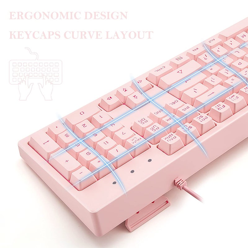 Basaltech Pink Keyboard with 7-Colors LED Backlit,104 Keys Silent Creamy Keyboards,Double Shot Keycaps Light Up Keyboard Wired USB for Computer,Mac,Laptop - Image 2